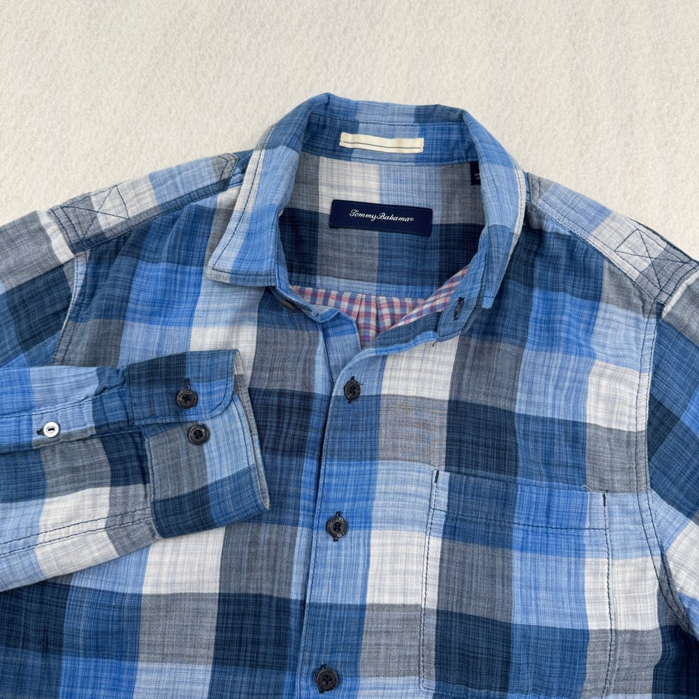 Tommy Bahama Mens M 100% Cotton Lined Long Sleeve Button Down Blue Check Preppy